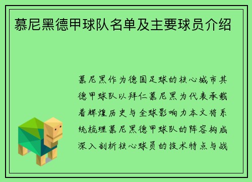 慕尼黑德甲球队名单及主要球员介绍